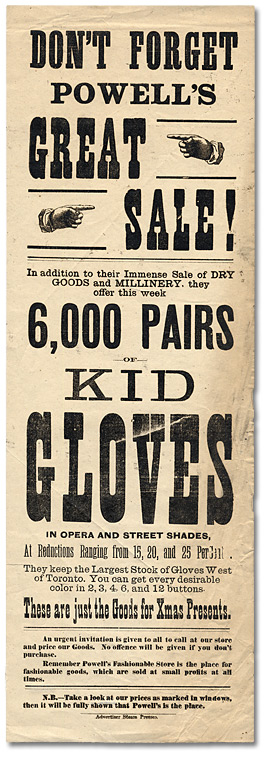 Affiches : Publicité de Powells pour une vente de marchandises sèches, de nouveautés et de 6000 paires de gants en cuir de chevreau et d’agneau
