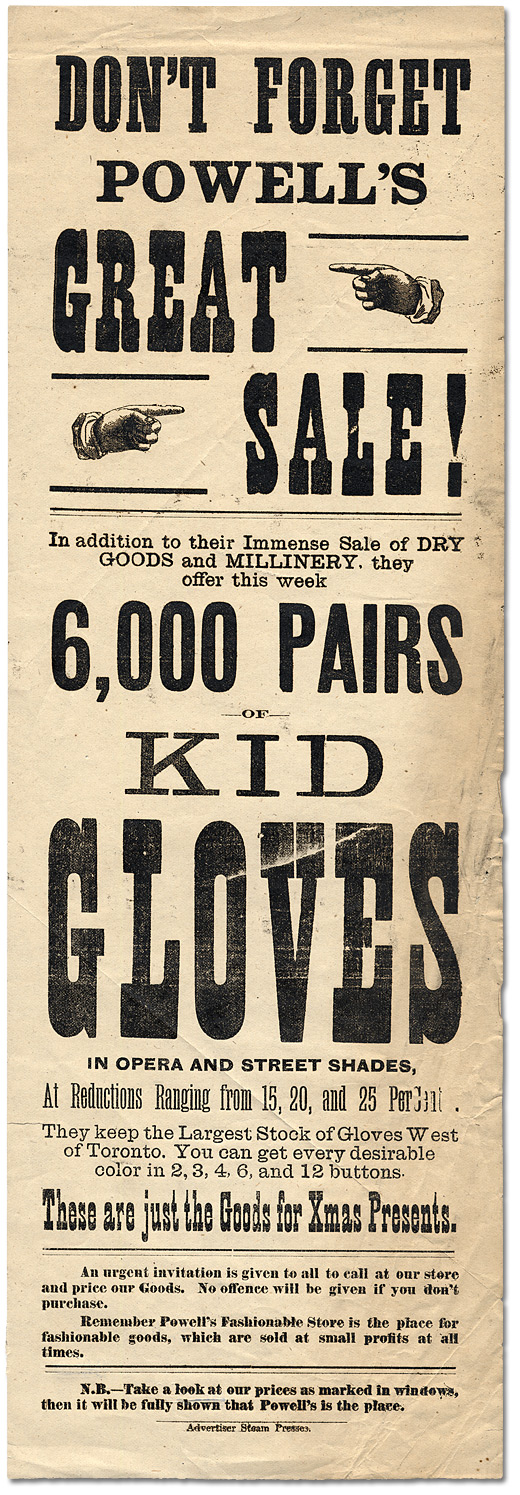 Poster: Advertisement for Powells Great Sale of Dry Goods, Millinery, and 6,000 pairs of kid gloves