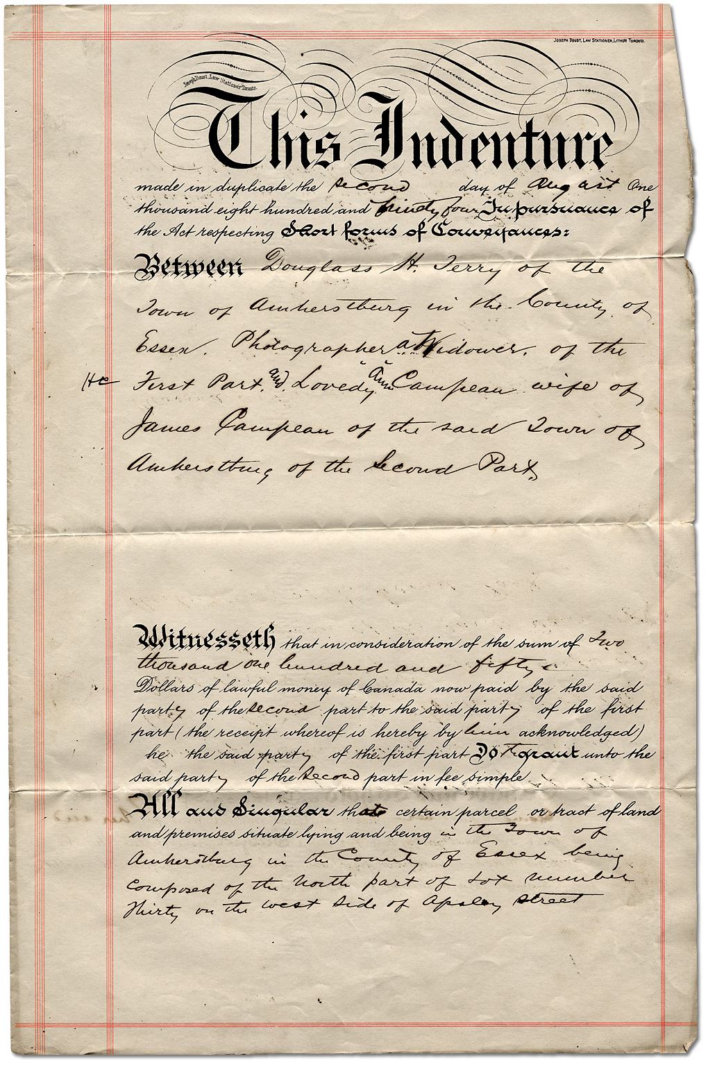 Contrat de vente d'un lot urbain Amherstburg entre Douglas Terry, Photographe et	Lovedy Ann Campeau, 1894