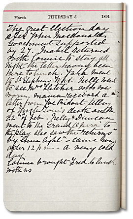 Diary page for 5 Mar. 1891, Wilmot Cumberland diaries