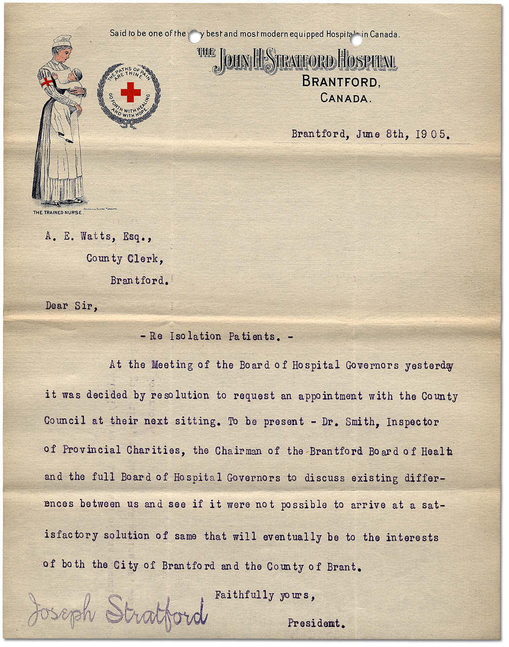 Lettre du président de l'hôpital John H. Stratford au greffier du comté