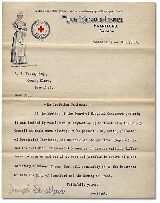 Letter from John H. Stratford Hospital President to County Clerk, 1905