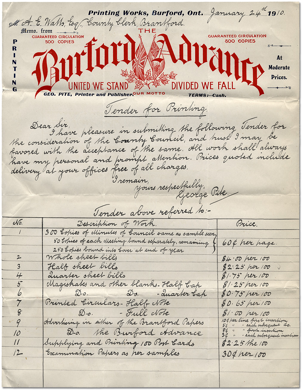 Soumission pour des services d'imprimerie, 24 janvier 1910