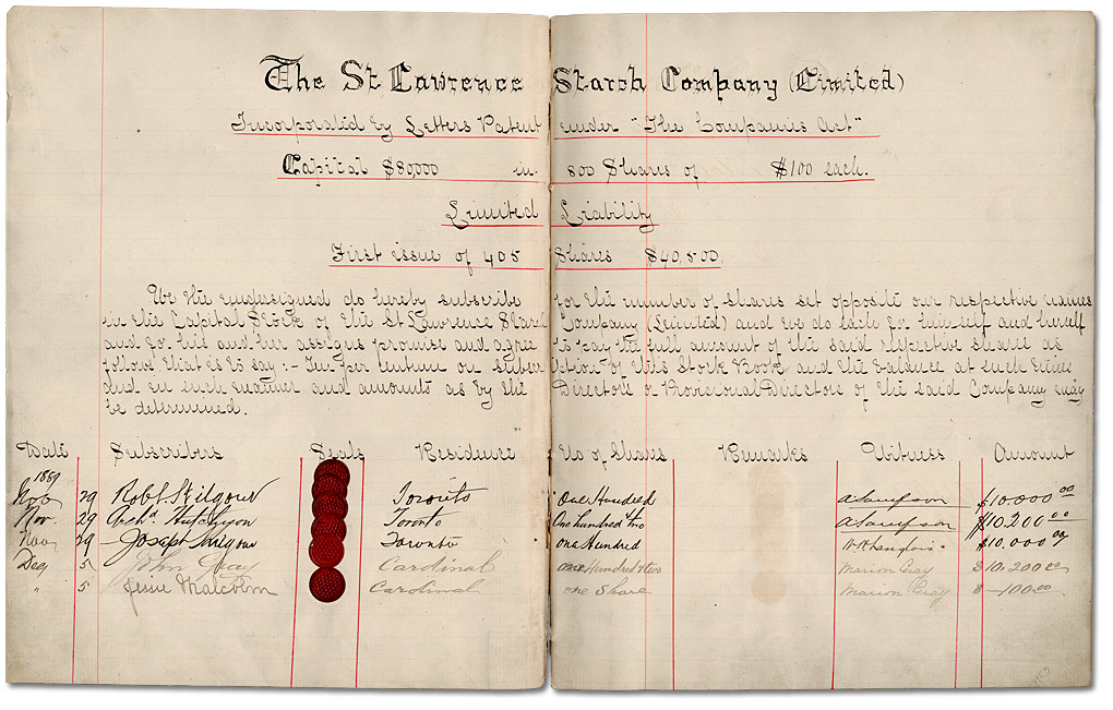 First share subscription/issuance document or share subscriptions and transactions ledger excerpt, 1889