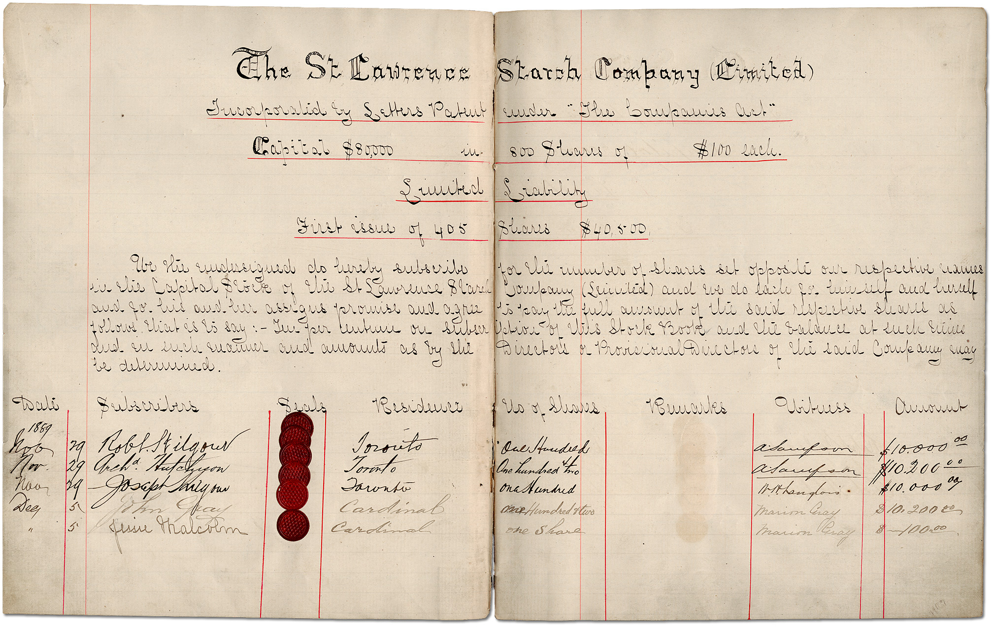 Document relatif à la première souscription et assurance d'actions, ou extrait d'un registre de souscriptions et transactions d'actions, 1889