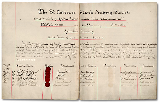 First share subscription/issuance document or share subscriptions and transactions ledger excerpt, 1889, St. Lawrence Starch Company and subsidiaries official corporate records