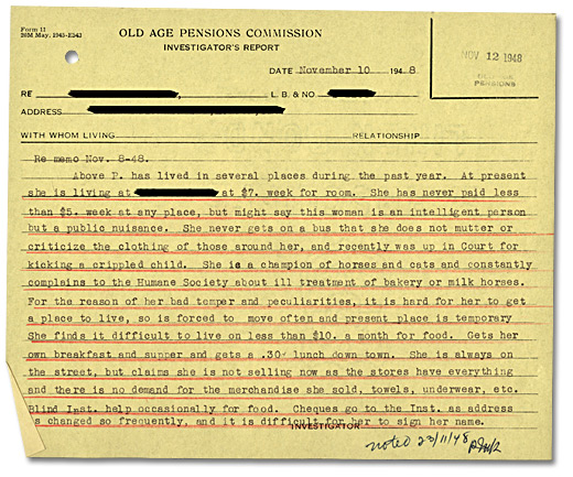 Dossier d'enque'te de la Commmission des pensions de vieillesse, 10 novembre 1948