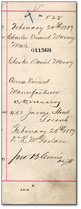 Birth registration for Charles Vincent Massey, February 20, 1887