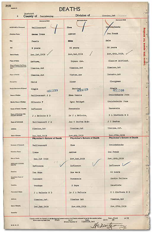 Death Register page : Temiskaming entries, 1918