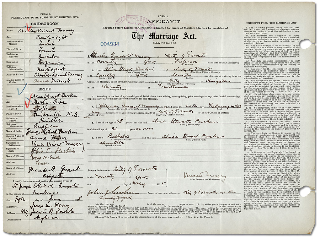 Marriage certificate of Charles Vincent Massey and Alice Stewart Parker, 1905