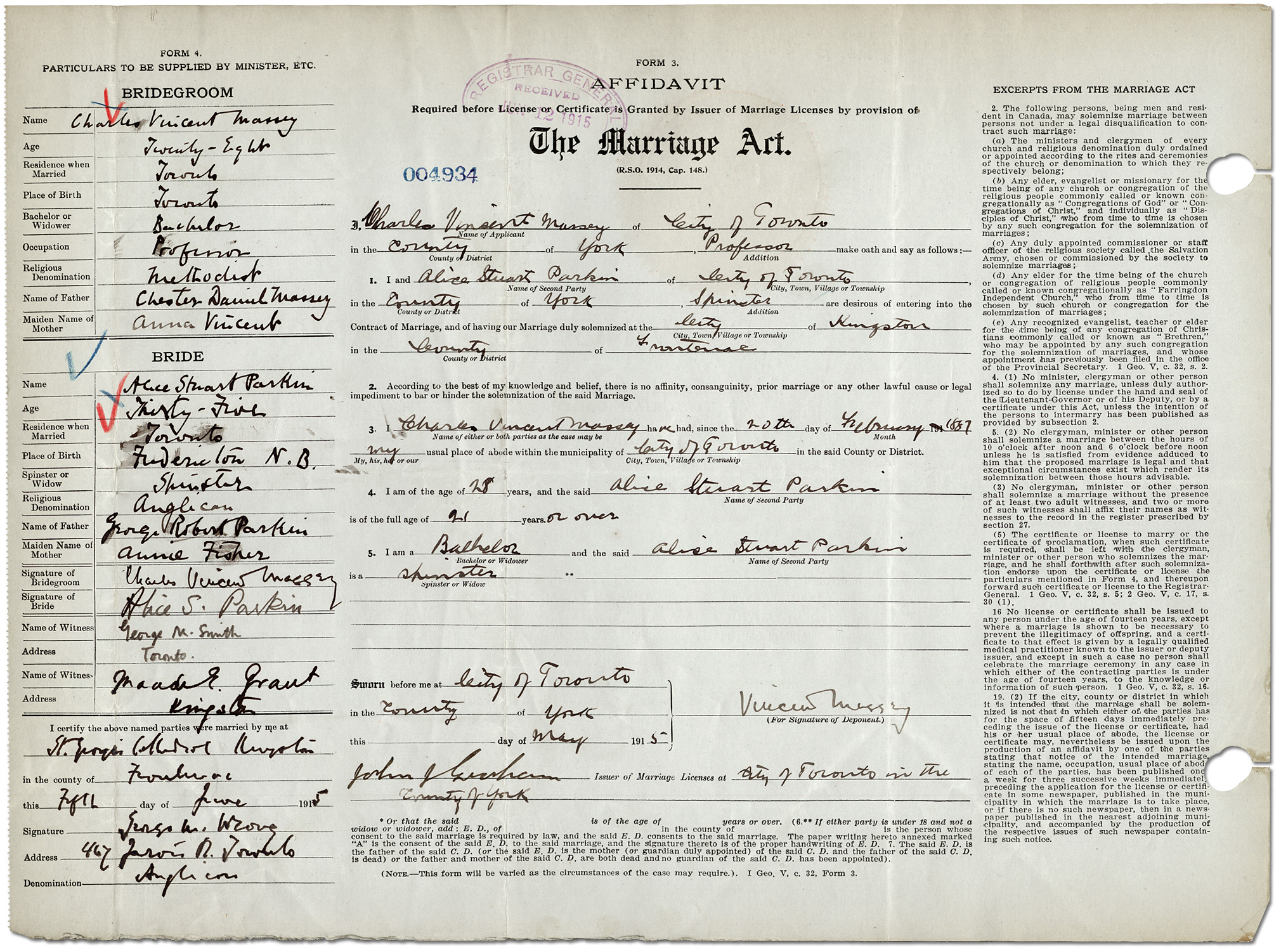 Certificat de mariage de Charles Vincent Massey et Alice	Stewart Parker, 1905
