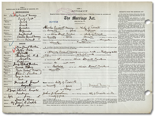 Marriage certificate of Charles Vincent Massey and Alice Stewart Parker, 1905