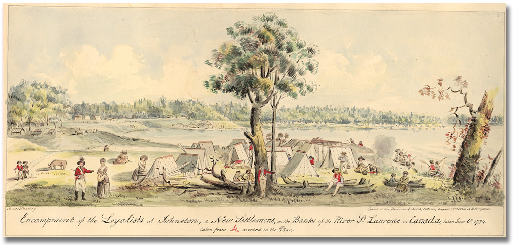 Watercolour: Encampment of the Loyalists in Johnstown, a new settlement on the banks of the River St. Lawrence, in Canada West, August 12, 1925