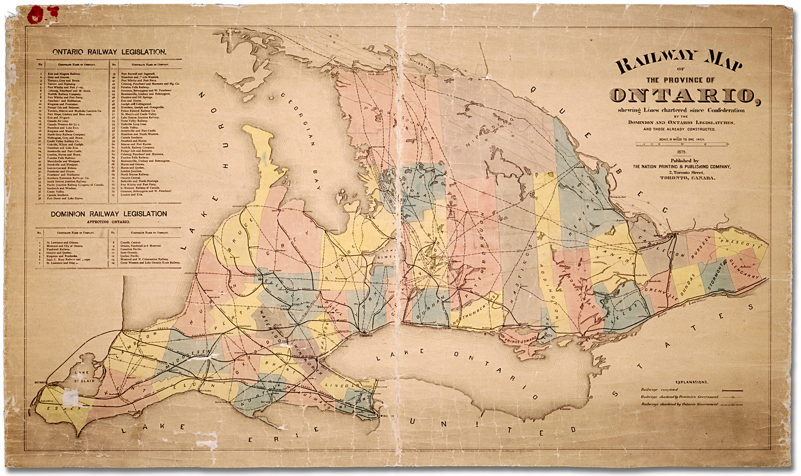 Carte : Railway map of province of Ontario showing lines chartered since Confederation by the Dominion & Ontario legislatures & those already constructed, 1875.