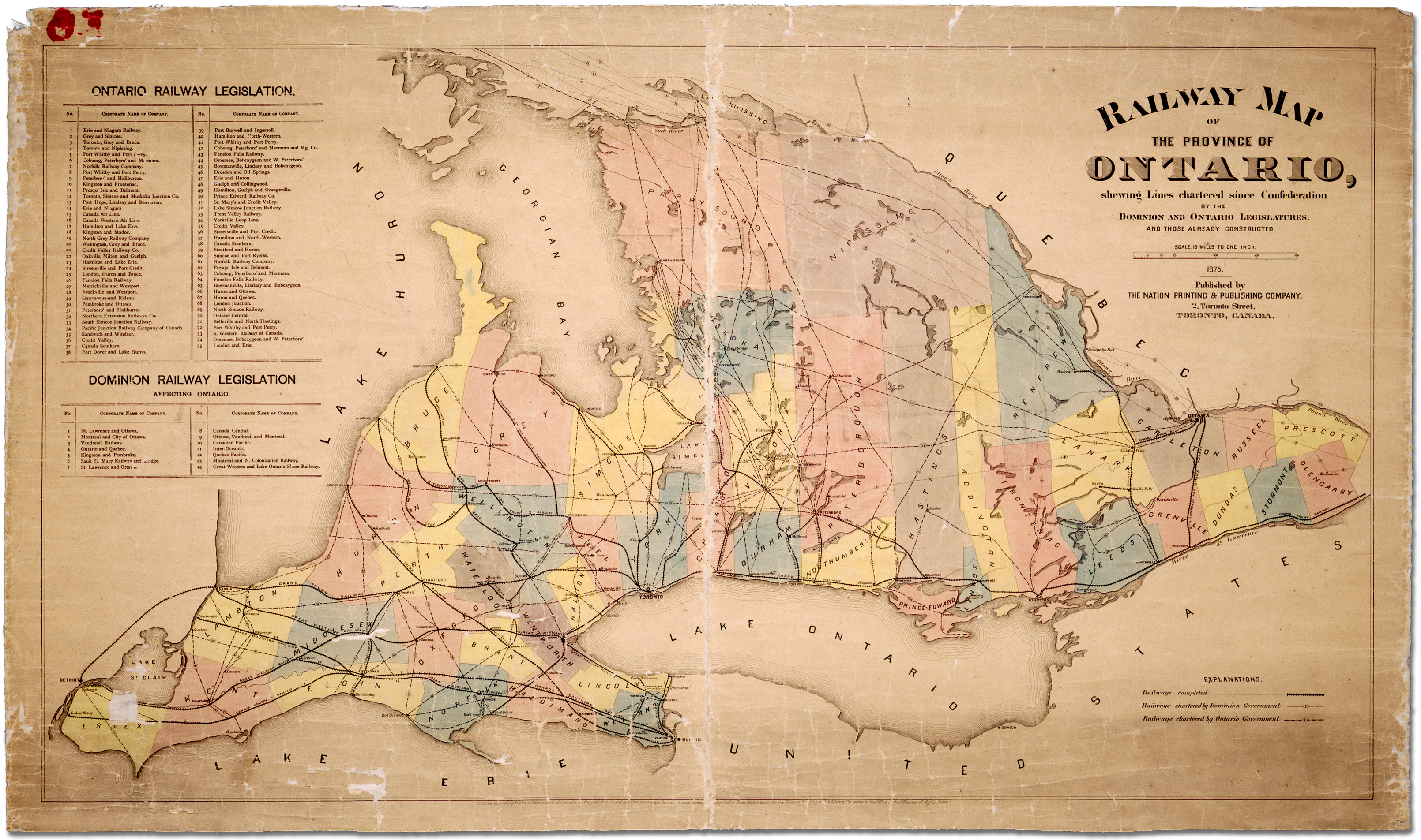 Railway map of province of Ontario showing lines chartered since Confederation by the Dominion & Ontario legislatures & those already constructed, 1875.