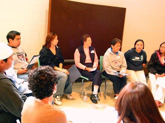 Ada Plain and Harriet Jacobs (centre) facilitate a small group discussion.