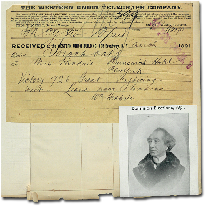 Détail d’un télégramme de William Hendrie à Mary, 
de l’album de souvenirs de Mary Murray Hendrie, [1880-1893]