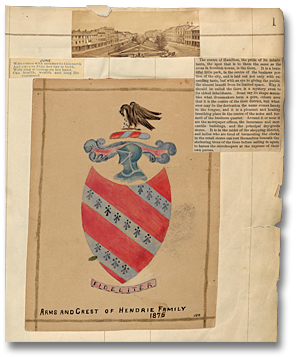 Full page spread of the Hendrie family crest from Mary Murray 
Hendrie’s scrapbook, [1880-1893]