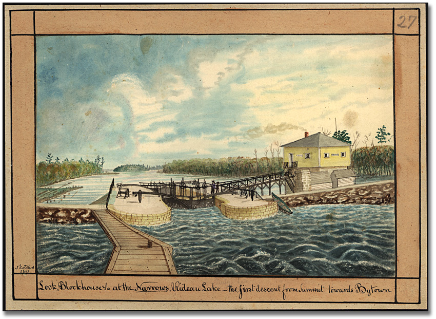 Watercolour: Lock, Blockhouse at the Narrows, Rideau Lake - the first descent from Summit towards Bytown, 1841