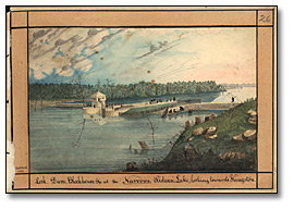 Watercolour: Lock, Dam, Blockhouse at the Narrows, Rideau Lake, looking towards Kingston, 1834