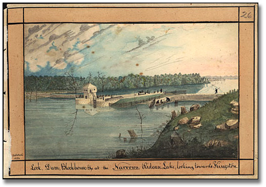 Watercolour: Lock, Dam, Blockhouse at the Narrows, Rideau Lake, looking towards Kingston, 1834