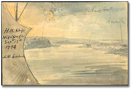Watercolour: His Majesty's Ship Mississauga; Niagara, Navy Hall, Newark