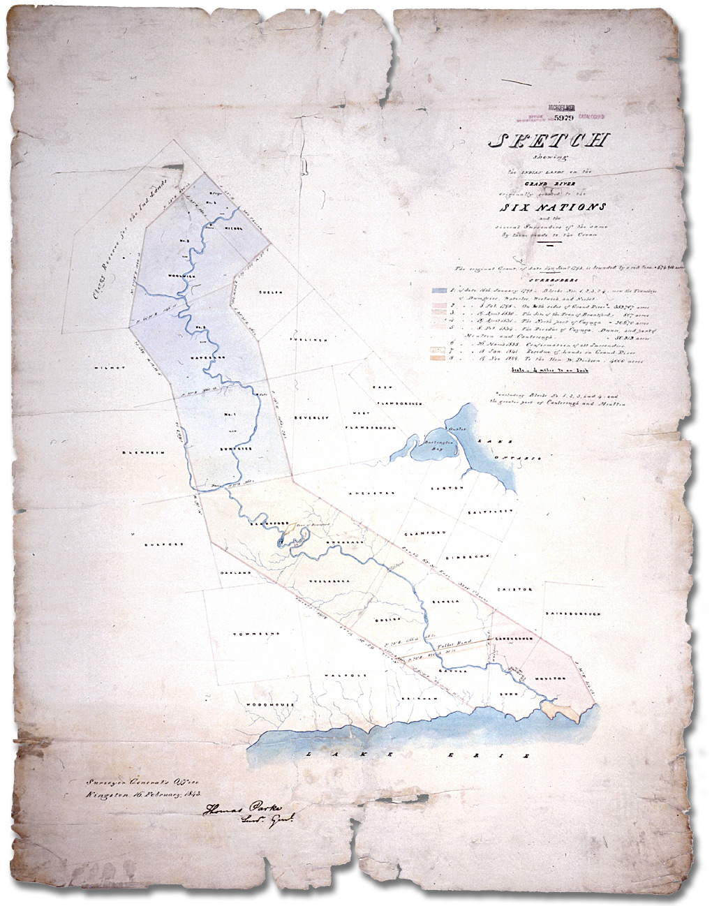 Sketch showing the Indian Lands on the Grand River originally granted to the Six Nations, and the several Surrenders of the same by them made to the Crown, 1843