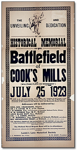 [Affiche annonçant l'inauguration d'un monument sur le champs de bataille de Cook's Mills], 1923