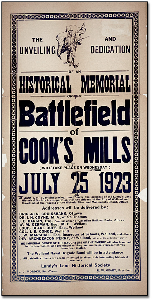 [Poster announcing the unveiling and dedication of an historical memorial on the battlefield of Cook's Mills], 1923
