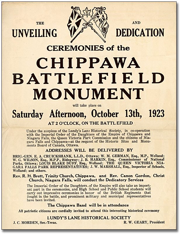 [Affiche annonçant le cérémonies d'inauguration du monument du champs de bataille de Chippawa], 1923