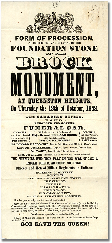 [Broadsheet announcing the rededication of Brock's Monument], 1853