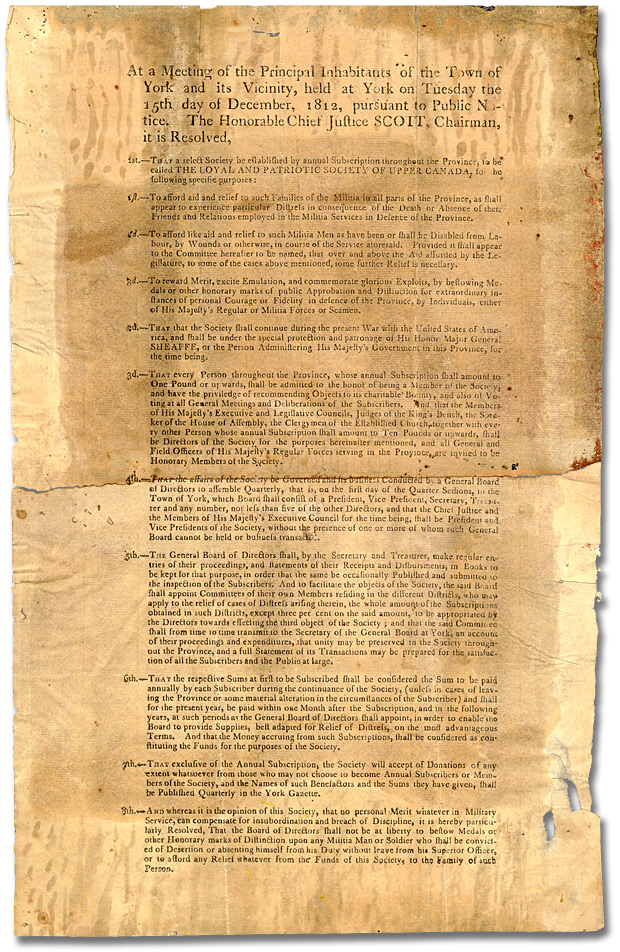 Broadsheet announcing the resolutions of the inaugural meeting of the Loyal and Patriotic Society, 1812