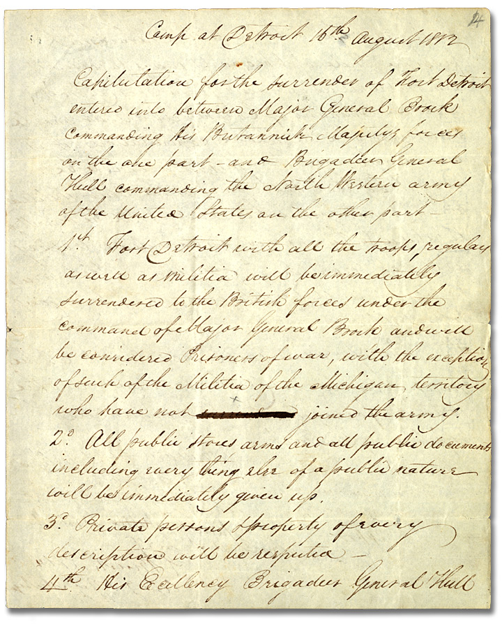 Terms of capitulation of Fort Detroit, August 16, 1812 (page 1)