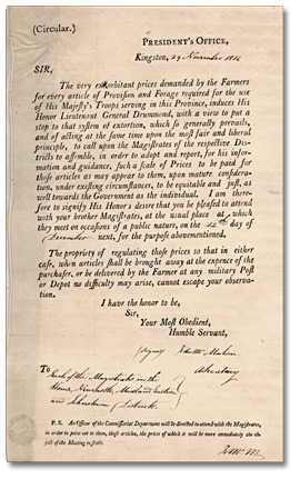 A Circular from the Presidents Office November 29, 1814, regarding the regulation of prices.