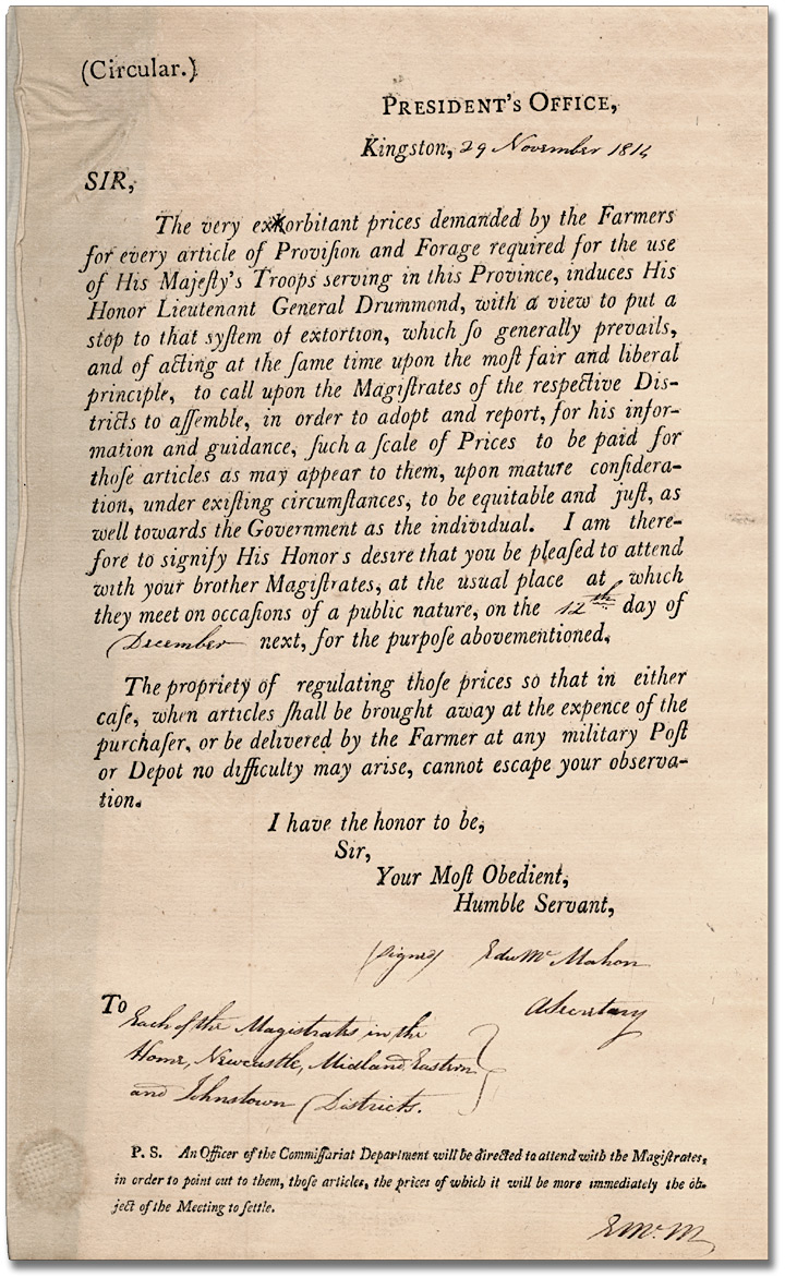 A Circular from the Presidents Office November 29, 1814, regarding the regulation of prices.