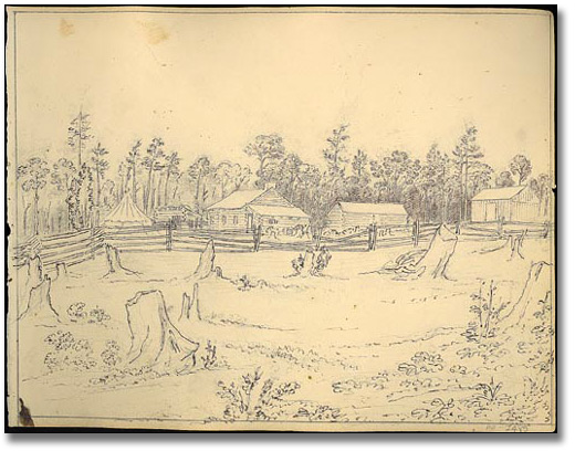 Drawing: End view of John's house, near Fenelon Falls, Ontario, 1837