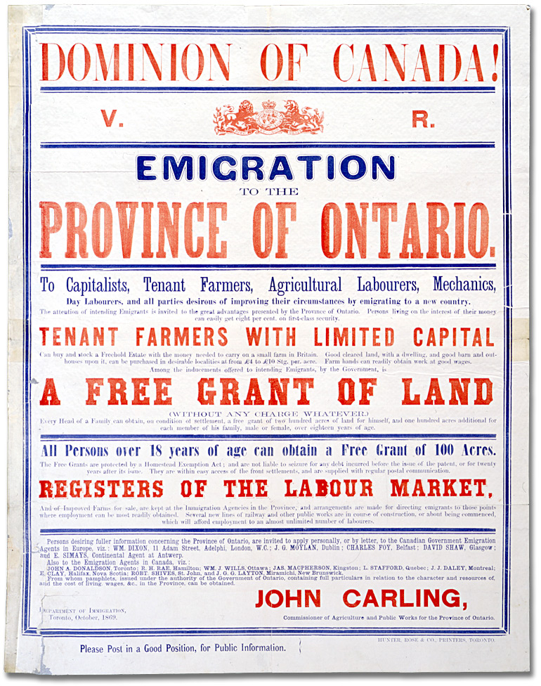 Affiche de promotion de l’immigration en l’Ontario, 1869