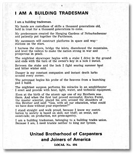 Document “I am a Building Tradesman” produit par le local 494, [vers 1955]