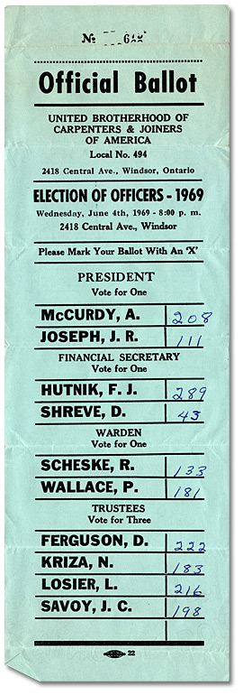 Official ballot showing Alvin McCurdy with the most votes for the position of president of Local 494, 1969