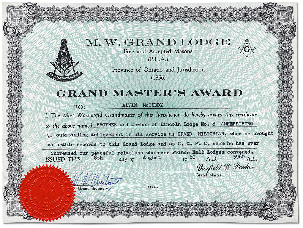 Grand Master’s Award to Alvin D. McCurdy, 1960