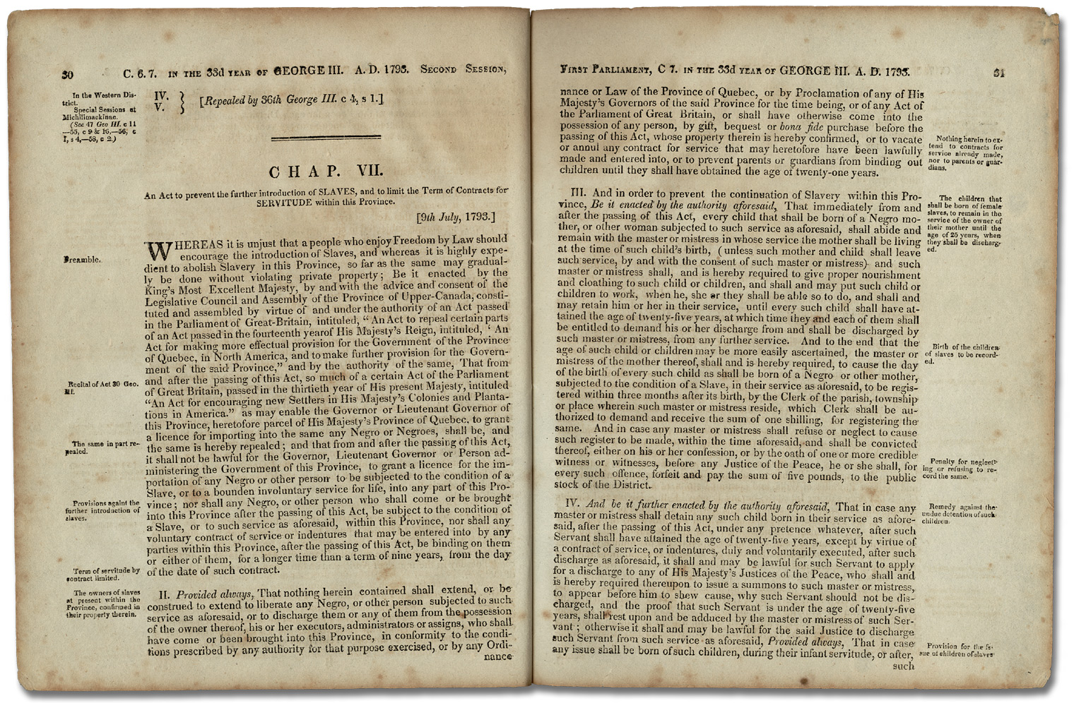 Loi pour emêcher l'entrée d'autres esclaves et pour limiter la durée des contrats de servitude Cap. 7, 33 George III, 1793
