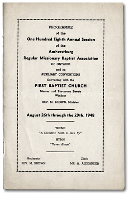 Programme de la cent-huitième session annuelle de l'Amherstburg Regular Missionary Baptist Association of Ontario