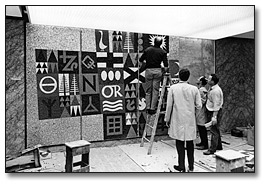 Photo: Sydney Watson Installing His Mosaic, "Province of Ontario" in the Macdonald Block, 1967