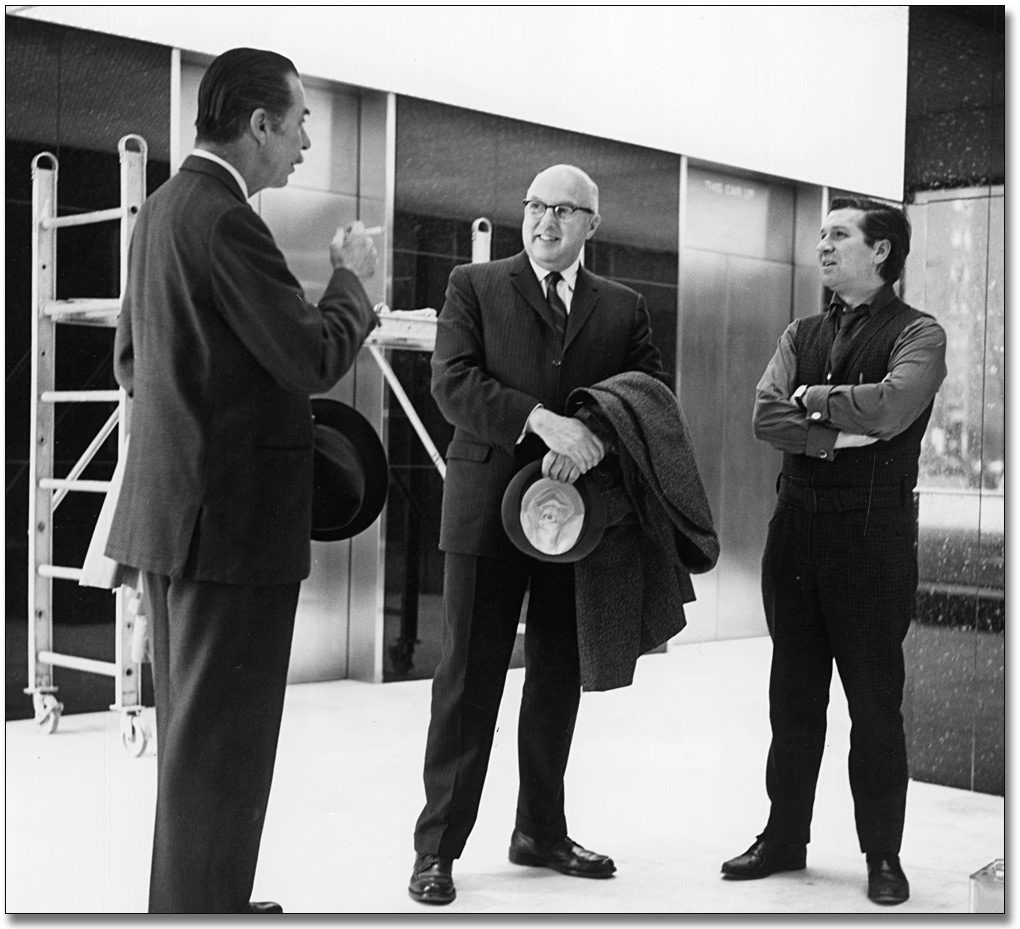 Photo: Art Consultant Committee Members Cleeve Horne and Clare Bice with Sculptor, Gerald Gladstone, [ca. 1968]