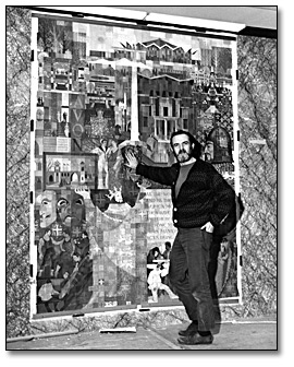 Photographie : Donald Lewis installant sa murale, Stratford, au premier étage de l'édifice Macdonald, 1968