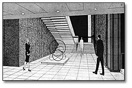 Photographie : Concept de l'artiste pour le nouveau Queen's Park, vue intérieur du hall de l'édifice Macdonald, 1965