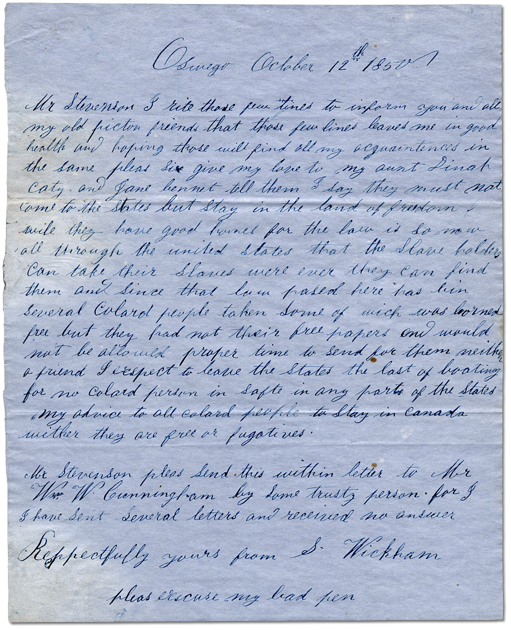 Letter dated Oct. 12, 1850 from S. Wickham warning of slave-catchers in the United States