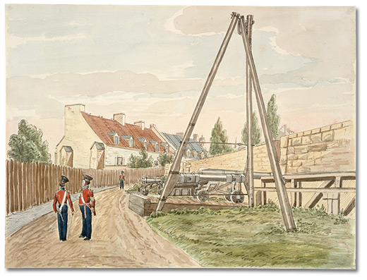 Watercolour: Artillery Barracks and Gun Placement, Quebec, Lower Canada, [ca. 1830]