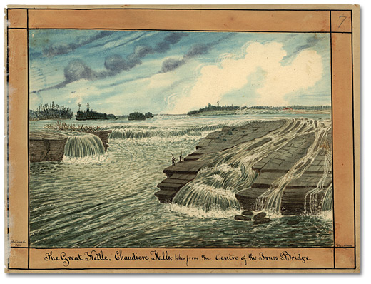 Watercolour: The Great Kettle, Chaudiere Falls; taken from the Centre of the Truss Bridge, 1831