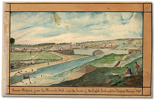 Aquarelle: Lower Bytown, from the Barrack Hill, near the head of the Eighth Lock and the "Sappers' Bridge," 1845
